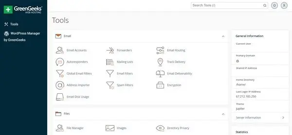 GreenGeeks interface - cPanel